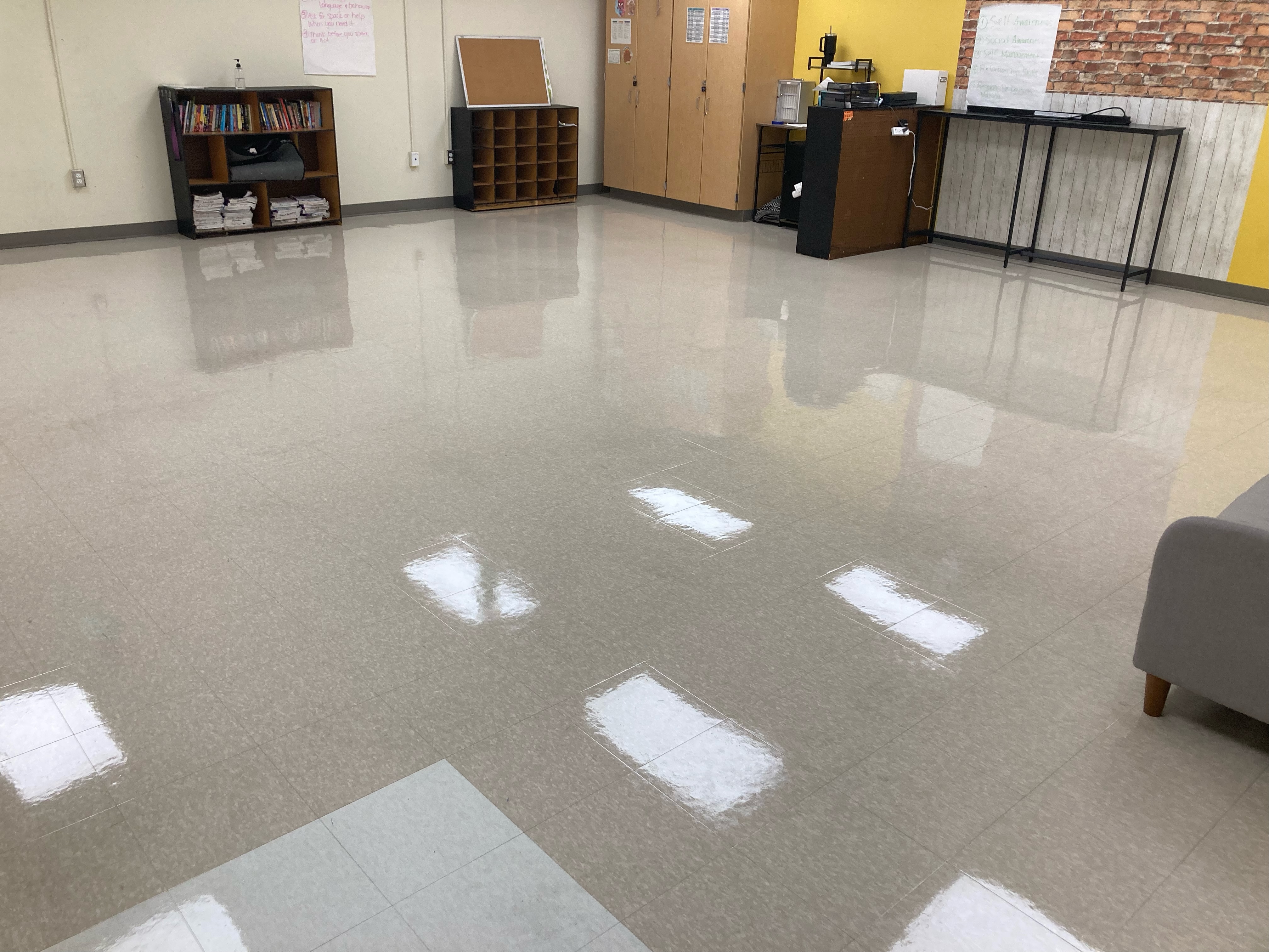 Freshly polished classroom floor